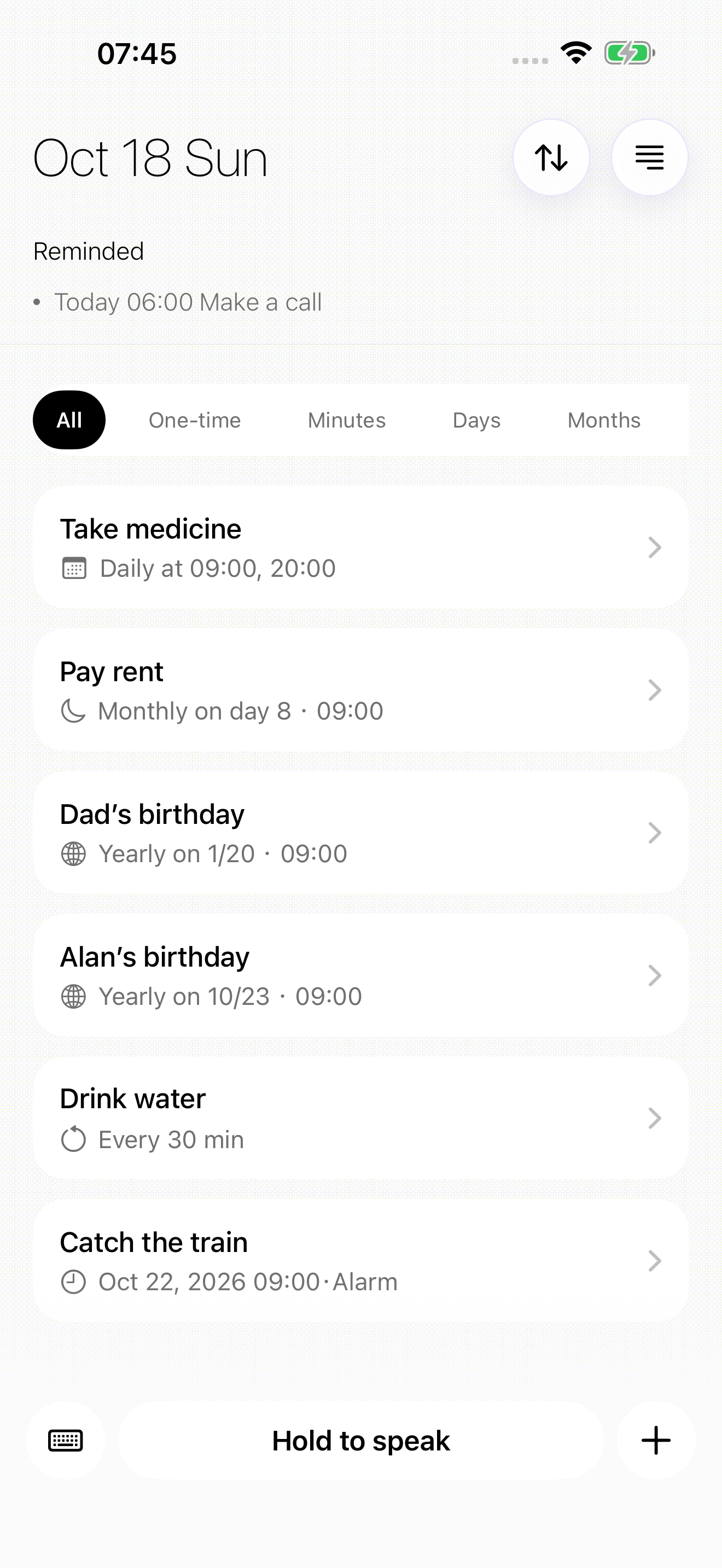 Pocket Reminder main view with medicine, rent, birthdays, water and a train reminder